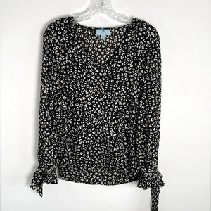 CeCe Black Leopard Print Blouse with Wrist Ties Size S